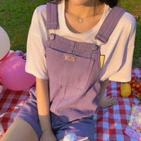Rompers Women Purple Pink Suspenders Denim Sleeveless Vacation Sweet Girls Cute Korean Style Oversize Overalls Femme Clothing