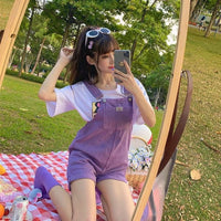 Rompers Women Purple Pink Suspenders Denim Sleeveless Vacation Sweet Girls Cute Korean Style Oversize Overalls Femme Clothing