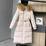 Women Down Coat Hooded Big Natural Raccoon Fox Fur Collar 90% White Duck Down Jacket Female Korean Ladies Outerwear With Belt