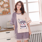 Womens Homewear Cute Cartoon Printed Pajamas Set Casual Short Sleeve T-Shirt Sleepwear Nightwear Set Summer Pyjama For Women Set