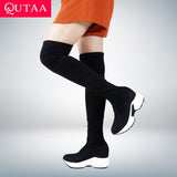 Stretch Fabrics Over The Knee Boots Height Increasing Round Toe Women Shoes Autumn Winter Casual Long Boots Size34-43