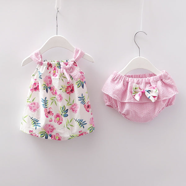 New Newborn Baby Girls Clothes Sleeveless Dress+Briefs 2PCS Outfits Set Striped Printed Cute Clothing Sets Summer Sunsuit 0-24M