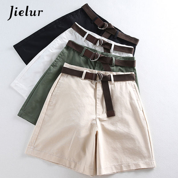 Jielur Shorts All-match 4 Solid Color Sashes Casual Shorts Women A-line High Waist Slim Short Femme Chic S-XXL Ladies Bottom