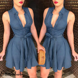Women Sleeveless Denim deep V neck dress women summer mini Blue Dress Belted Party Short Mini Dress summer clothes