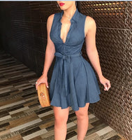 Women Sleeveless Denim deep V neck dress women summer mini Blue Dress Belted Party Short Mini Dress summer clothes