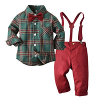 Top and Top Spring Cotton Gentleman Baby Boys Clothes Clothing Sets Plaid Long Sleeve Biw tie Shirt Rompers Suspenders Pants