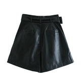 Winter New Women Orange Color PU Bermuda Shorts Faux Leather Belted Shorts