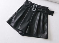 Winter New Women Orange Color PU Bermuda Shorts Faux Leather Belted Shorts
