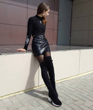 Stretch Fabrics Over The Knee Boots Height Increasing Round Toe Women Shoes Autumn Winter Casual Long Boots Size34-43