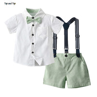 Top and Top Fashion Kids Summer Casual Outfits Short Sleeve Bowtie Shirt+Overalls Gentleman Clothes Little Boys Clothing Set