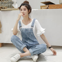 Denim Jumpsuits Women Spring Basic Washed Blue Overalls Outwear Office Lady Womens Elegant Long Trouser Rompers