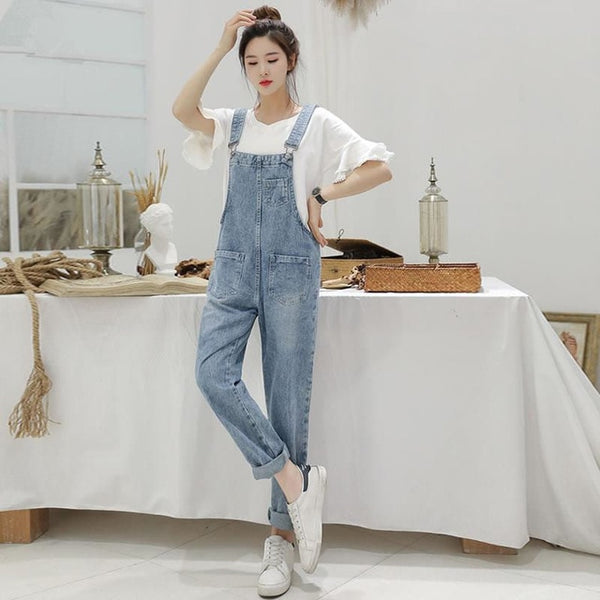 Denim Jumpsuits Women Spring Basic Washed Blue Overalls Outwear Office Lady Womens Elegant Long Trouser Rompers