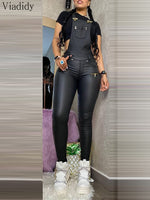 Women Fashion Buckled Zipper Design PU Suspender Jumpsuit