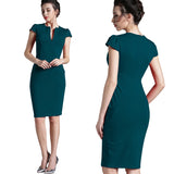 Nice-forever Office Women Vintage Summer Solid Deep V neck Zipper Back Formal Stretch Pencil work Bodycon Pocket Dress 521