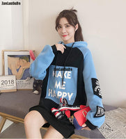 Autumn Winter Clothes Casual Fleece Loose Long Sleeve Patchwork Long Pullover Hoodies Women Sweatshirt