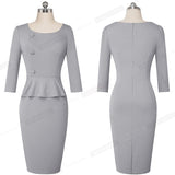 Nice-forever Elegant Solid Color Wear to Work with Button Peplum vestidos Business Office Party Bodycon Women Autumn Dress B542
