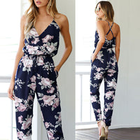 Summer Women Ladies Playsuit Party Jumpsuit V Neck Floral Bandge Romper High Waist Long Trousers Pants Clubwear