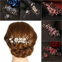 Fashion Luxury  Blue Flower Hair Combs Headdress Prom Bridal Wedding Hair Accessories Gold Leaves Hair Jewelry Hair Pins