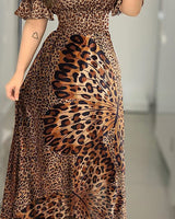 Off Shoulder Party Dresses Women Lady Ruffle Leopard  Print Flare Long Sundress Sexy Ladies Strappy Slash neck Vestido