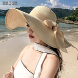 K60 Lady's Summer Beach Big Brim Straw Hat For Female Seaside Travel Hat Sun UV Protection All-match Cool Hat UPF 50+