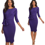 Vintage Elegant Wear to Work with Bow Pure Color Vestidos Business Party Bodycon Winter Women Office Dress B545