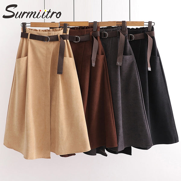 SURMIITRO Autumn Winter Women Korean Style Super Quality Black Female High Elastic Waist Midi Skirt With Belt WSKR904