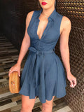 Women Sleeveless Denim deep V neck dress women summer mini Blue Dress Belted Party Short Mini Dress summer clothes