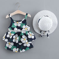 Girl Clothing Set Summer Girls Bohemian Girl Suits Kids Floral Sling Shorts with Hat 3PCS Suit Splicing Clothes Princess Suit