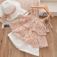 Girl Clothing Set Summer Girls Bohemian Girl Suits Kids Floral Sling Shorts with Hat 3PCS Suit Splicing Clothes Princess Suit