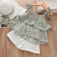 Girl Clothing Set Summer Girls Bohemian Girl Suits Kids Floral Sling Shorts with Hat 3PCS Suit Splicing Clothes Princess Suit