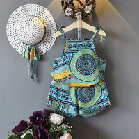 Girl Clothing Set Summer Girls Bohemian Girl Suits Kids Floral Sling Shorts with Hat 3PCS Suit Splicing Clothes Princess Suit