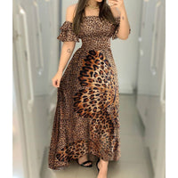 Off Shoulder Party Dresses Women Lady Ruffle Leopard  Print Flare Long Sundress Sexy Ladies Strappy Slash neck Vestido