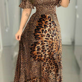 Off Shoulder Party Dresses Women Lady Ruffle Leopard  Print Flare Long Sundress Sexy Ladies Strappy Slash neck Vestido