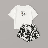 Cute Pajamas for Women Cow Print Pyjamas Women Short Sleeve Sleepwear Cartoon Print Pijamas Women Summer Home Clothes