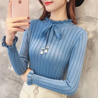 Bowknot Ruffled Sweater Women's Pullover Autumn Winter New Turtleneck Vintage Slim Elasticity Knitted Sweater Female