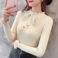 Bowknot Ruffled Sweater Women's Pullover Autumn Winter New Turtleneck Vintage Slim Elasticity Knitted Sweater Female
