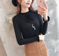 Bowknot Ruffled Sweater Women's Pullover Autumn Winter New Turtleneck Vintage Slim Elasticity Knitted Sweater Female