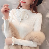 Bowknot Ruffled Sweater Women's Pullover Autumn Winter New Turtleneck Vintage Slim Elasticity Knitted Sweater Female