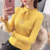 Bowknot Ruffled Sweater Women's Pullover Autumn Winter New Turtleneck Vintage Slim Elasticity Knitted Sweater Female