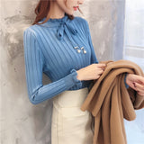 Bowknot Ruffled Sweater Women's Pullover Autumn Winter New Turtleneck Vintage Slim Elasticity Knitted Sweater Female