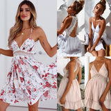 Women Floral Short Dress Hawaiian Backless Evening Party Summer Beach Casual Short Sun dresses