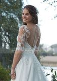 Beautiful Wedding Dress Organza Satin A-Line Gown with Illusion Sleeves and Lace Appliques Bridal Dresses