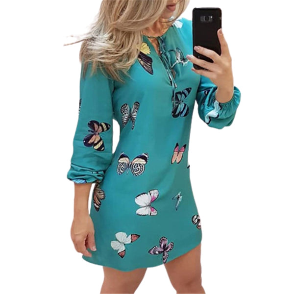 Sweet Butterfly print Women Dress Plus size Fashion Casual Lantern Sleeve V-Neck Thin Mini Dress