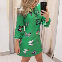 Sweet Butterfly print Women Dress Plus size Fashion Casual Lantern Sleeve V-Neck Thin Mini Dress