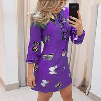 Sweet Butterfly print Women Dress Plus size Fashion Casual Lantern Sleeve V-Neck Thin Mini Dress