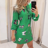 Sweet Butterfly print Women Dress Plus size Fashion Casual Lantern Sleeve V-Neck Thin Mini Dress