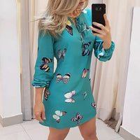 Sweet Butterfly print Women Dress Plus size Fashion Casual Lantern Sleeve V-Neck Thin Mini Dress