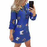 Sweet Butterfly print Women Dress Plus size Fashion Casual Lantern Sleeve V-Neck Thin Mini Dress