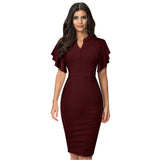 Nice-forever Vintage Solid Color Elegant Office Work vestidos Business Party Bodycon Ruffle Women Pencil Dress B572