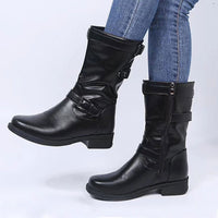 Women Buckle Mid-Calf Boots Female Low Square Heel Zipper Half Boots Woman Fall Winter Pu Flat Shoes Black Gray Size 43